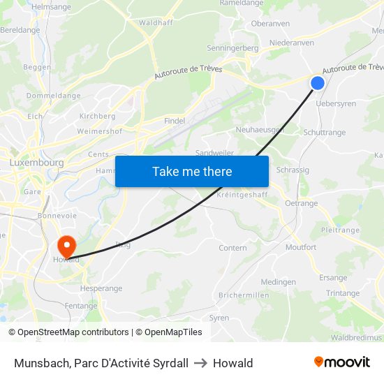 Munsbach, Parc D'Activité Syrdall to Howald map