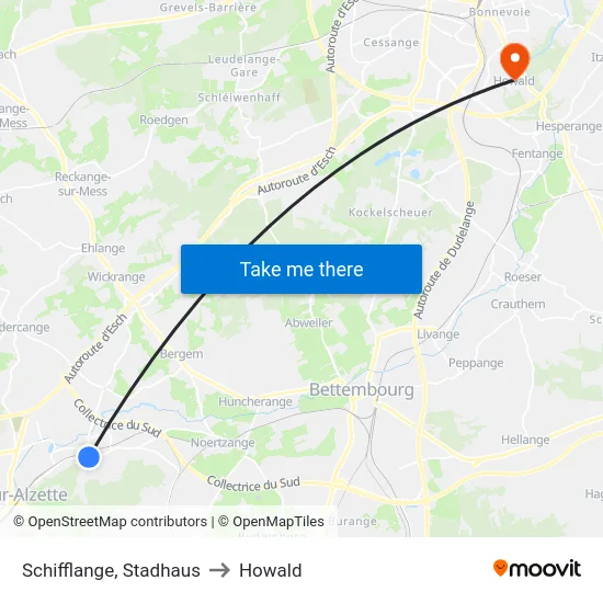 Schifflange, Stadhaus to Howald map