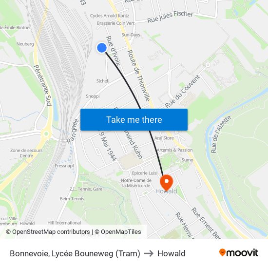 Bonnevoie, Lycée Bouneweg (Tram) to Howald map