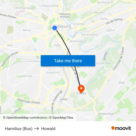 Hamilius (Bus) to Howald map