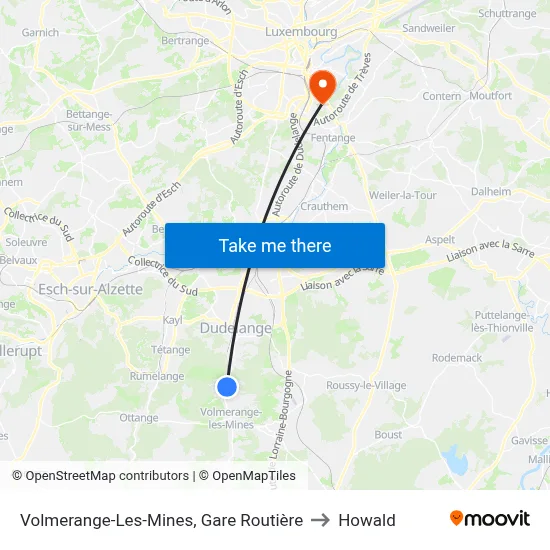 Volmerange-Les-Mines, Gare Routière to Howald map