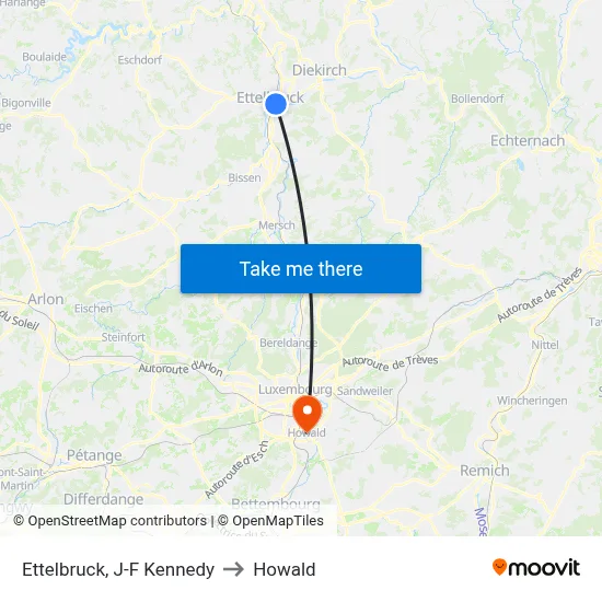 Ettelbruck, J-F Kennedy to Howald map