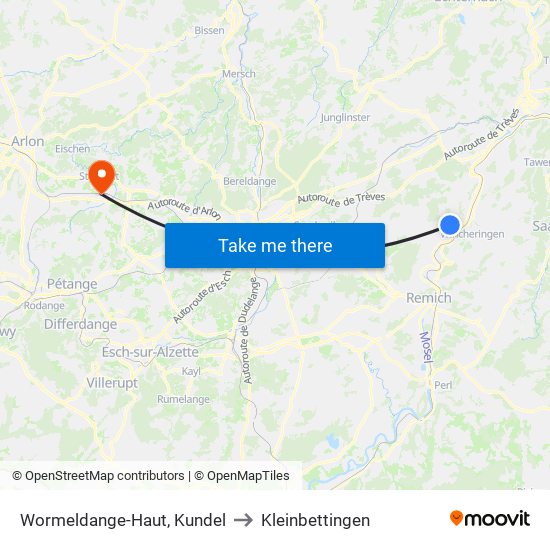 Wormeldange-Haut, Kundel to Kleinbettingen map