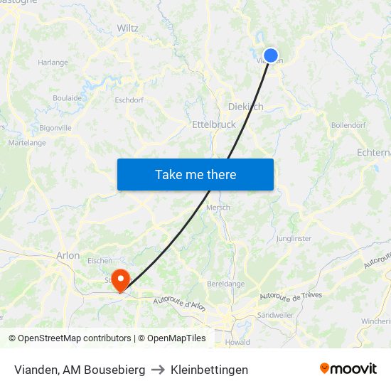 Vianden, AM Bousebierg to Kleinbettingen map