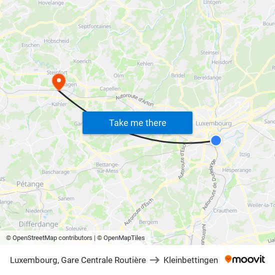 Luxembourg, Gare Centrale Routière to Kleinbettingen map