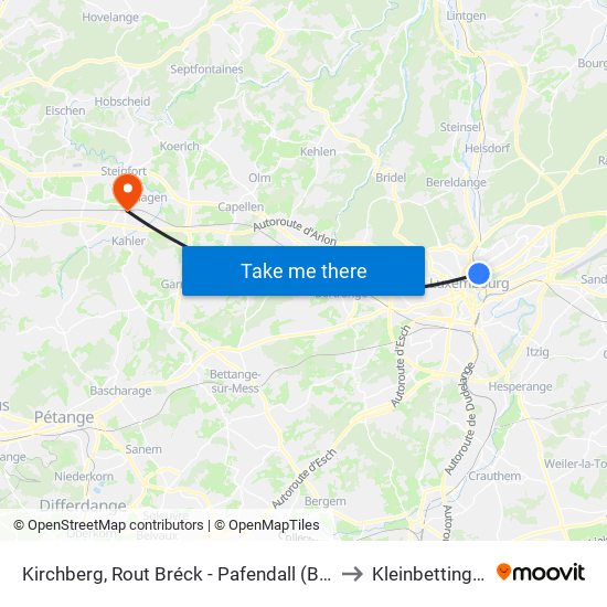 Kirchberg, Rout Bréck - Pafendall (Bus) to Kleinbettingen map