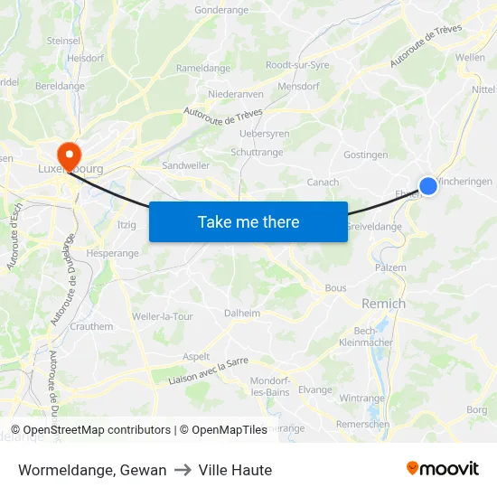 Wormeldange, Gewan to Ville Haute map
