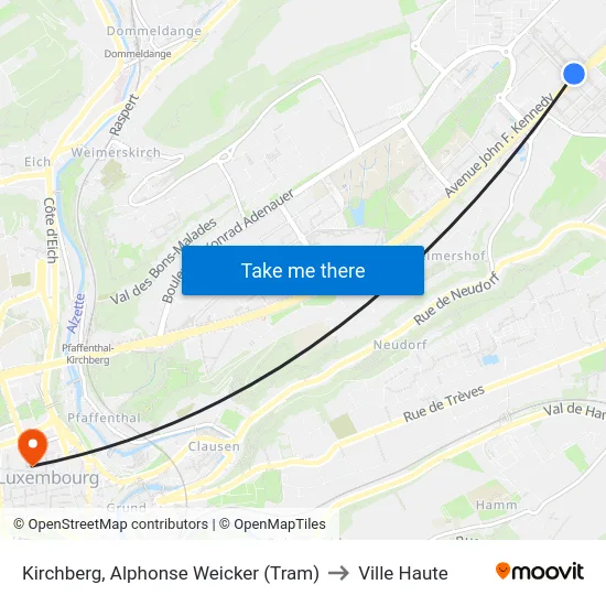Kirchberg, Alphonse Weicker (Tram) to Ville Haute map