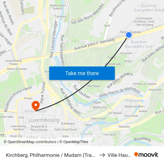 Kirchberg, Philharmonie / Mudam (Tram) to Ville Haute map