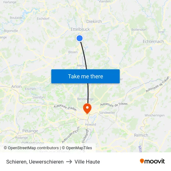 Schieren, Uewerschieren to Ville Haute map