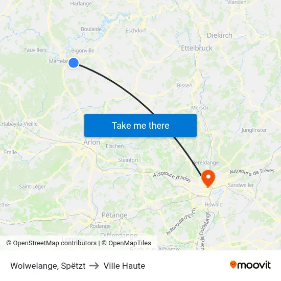 Wolwelange, Spëtzt to Ville Haute map