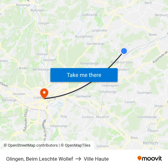 Olingen, Beim Leschte Wollef to Ville Haute map