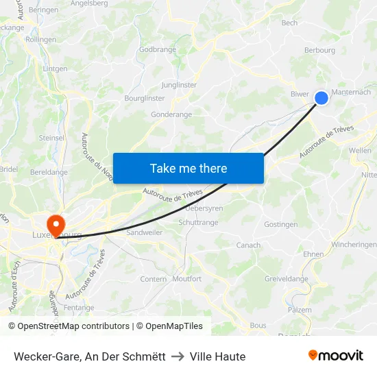 Wecker-Gare, An Der Schmëtt to Ville Haute map