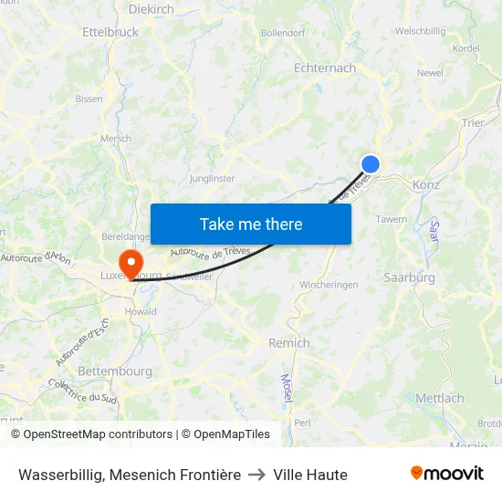 Wasserbillig, Mesenich Frontière to Ville Haute map