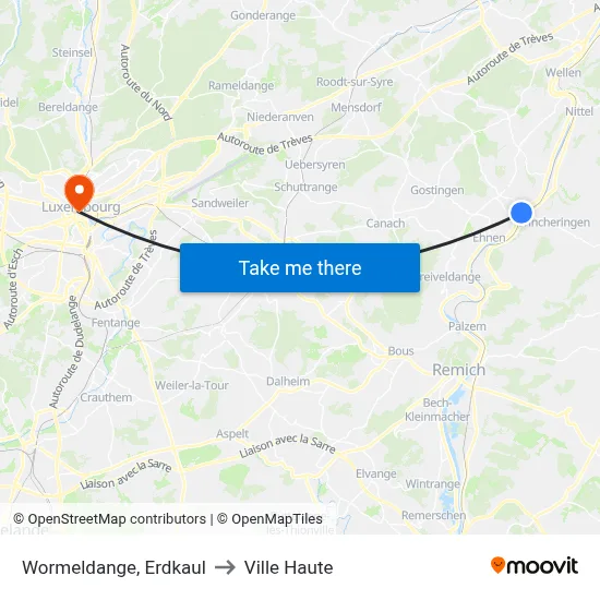 Wormeldange, Erdkaul to Ville Haute map