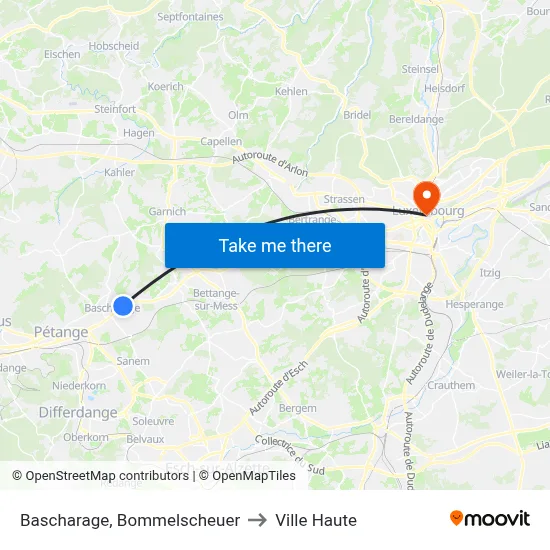 Bascharage, Bommelscheuer to Ville Haute map