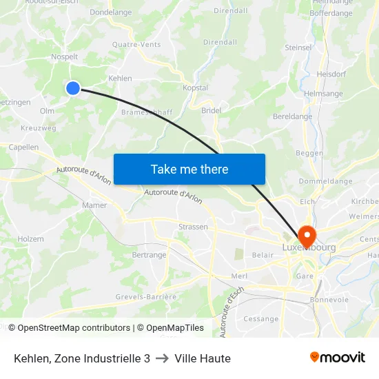 Kehlen, Zone Industrielle 3 to Ville Haute map