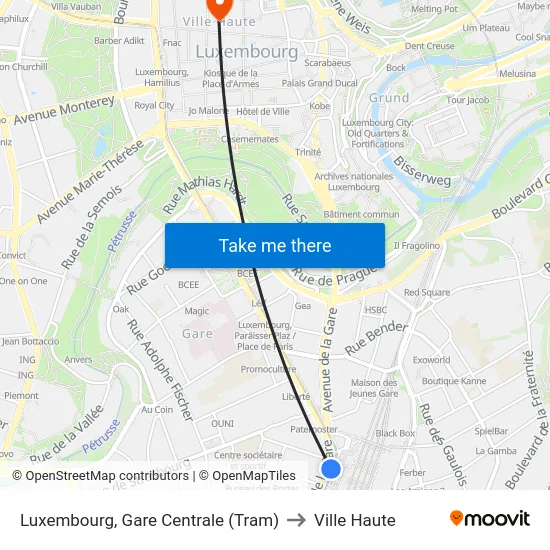 Luxembourg, Gare Centrale (Tram) to Ville Haute map