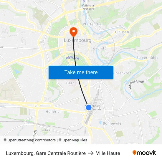 Luxembourg, Gare Centrale Routière to Ville Haute map