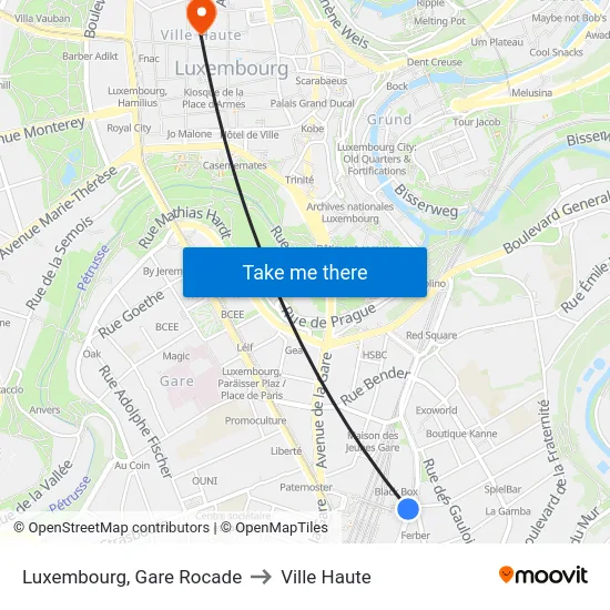 Luxembourg, Gare Rocade to Ville Haute map