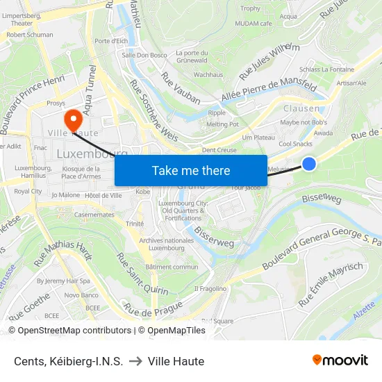 Cents, Kéibierg-I.N.S. to Ville Haute map