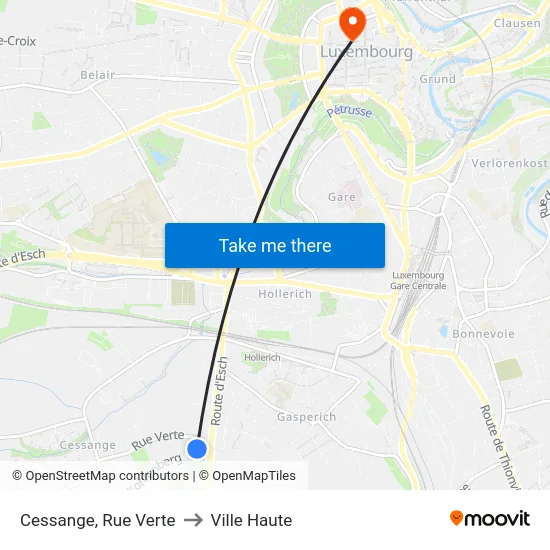 Cessange, Rue Verte to Ville Haute map