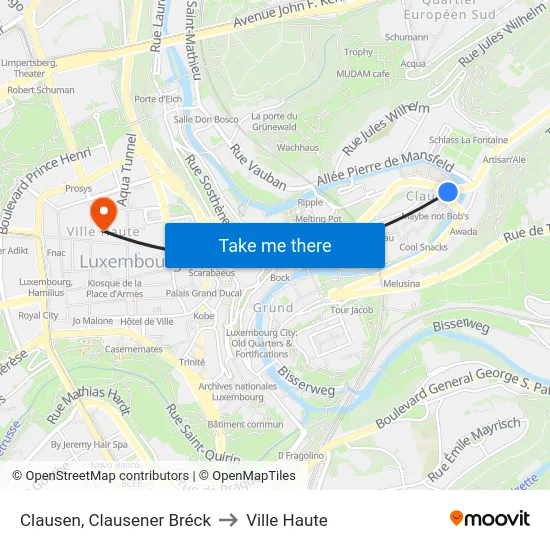 Clausen, Clausener Bréck to Ville Haute map