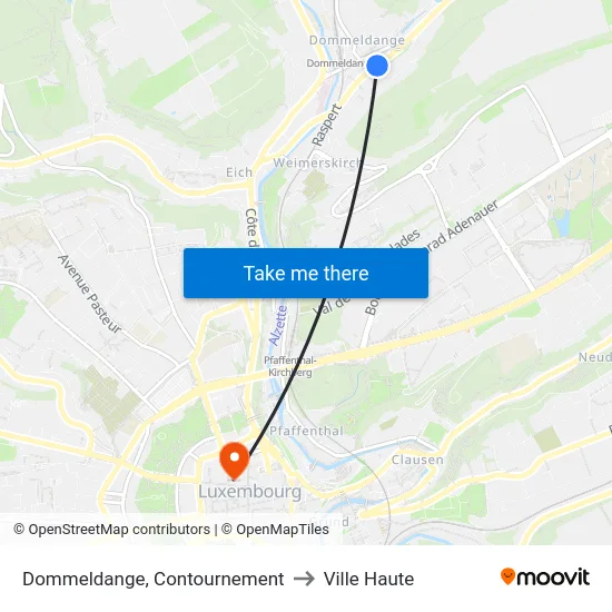 Dommeldange, Contournement to Ville Haute map