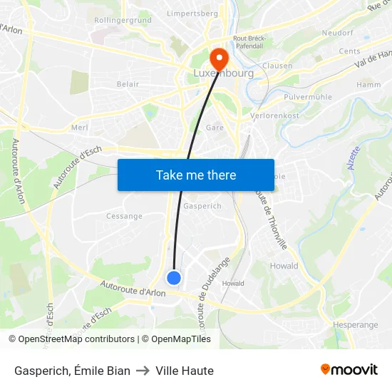 Gasperich, Émile Bian to Ville Haute map