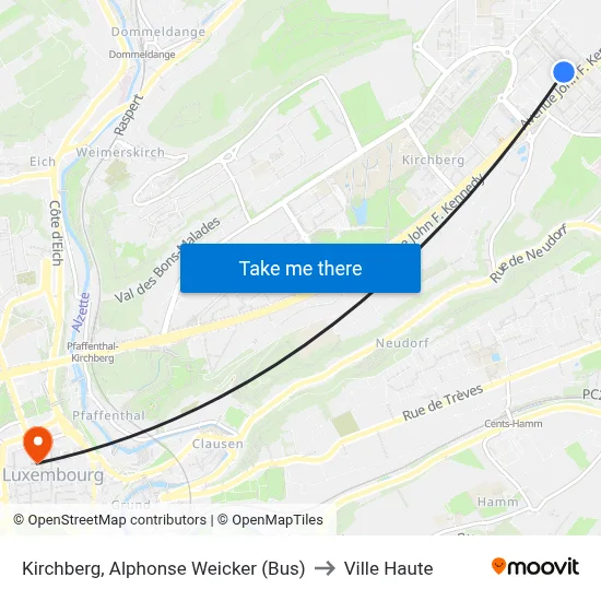 Kirchberg, Alphonse Weicker (Bus) to Ville Haute map