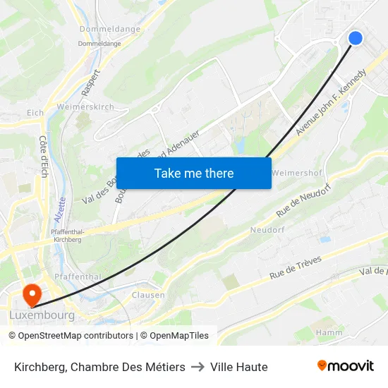 Kirchberg, Chambre Des Métiers to Ville Haute map