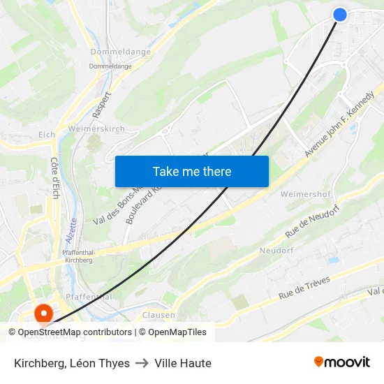 Kirchberg, Léon Thyes to Ville Haute map