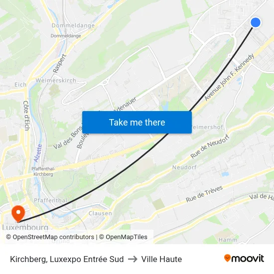 Kirchberg, Luxexpo Entrée Sud to Ville Haute map