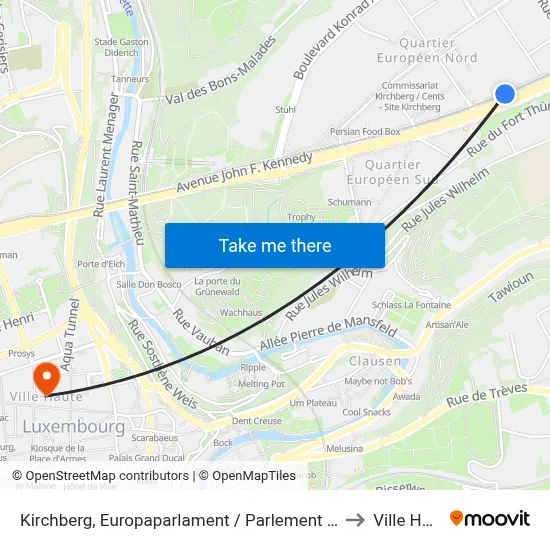 Kirchberg, Europaparlament / Parlement Européen to Ville Haute map