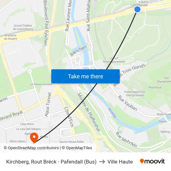 Kirchberg, Rout Bréck - Pafendall (Bus) to Ville Haute map