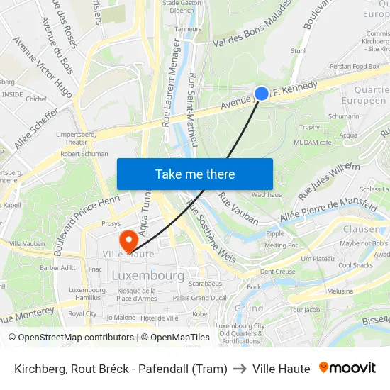Kirchberg, Rout Bréck - Pafendall (Tram) to Ville Haute map