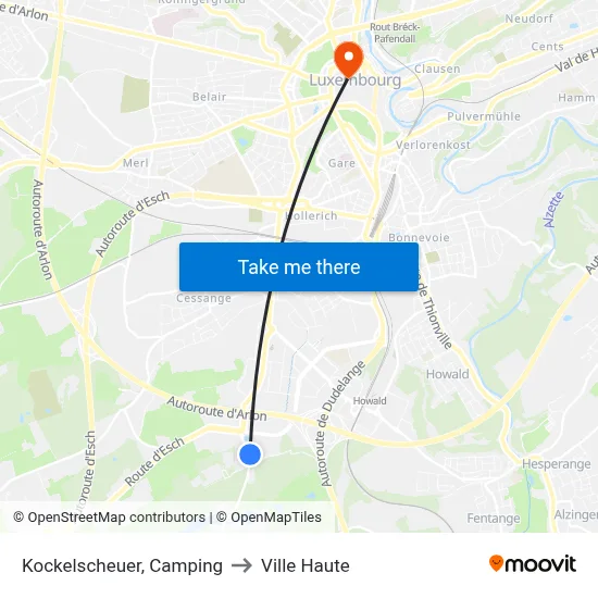 Kockelscheuer, Camping to Ville Haute map
