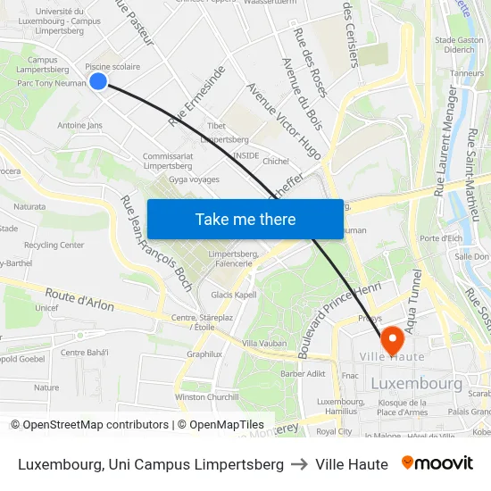 Luxembourg, Uni Campus Limpertsberg to Ville Haute map