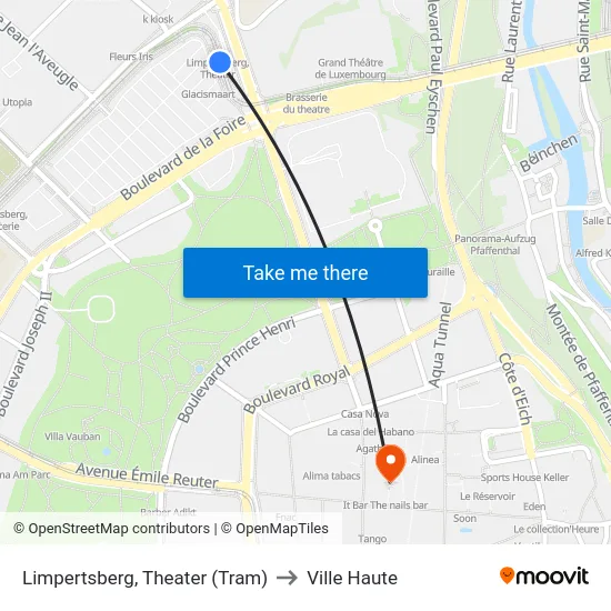 Limpertsberg, Theater (Tram) to Ville Haute map