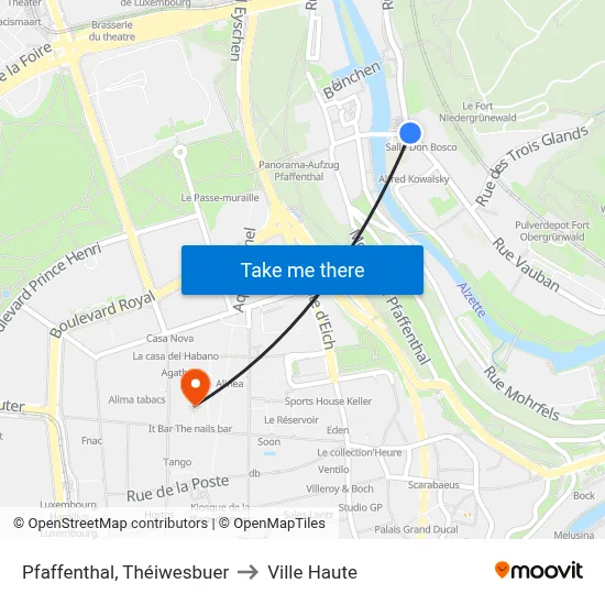 Pfaffenthal, Théiwesbuer to Ville Haute map