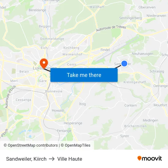 Sandweiler, Kiirch to Ville Haute map