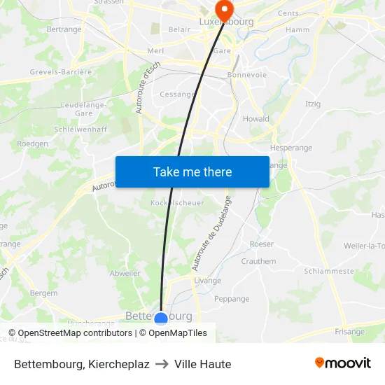 Bettembourg, Kiercheplaz to Ville Haute map
