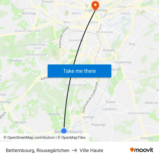 Bettembourg, Rousegärtchen to Ville Haute map