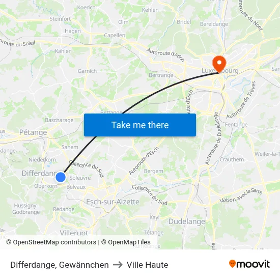 Differdange, Gewännchen to Ville Haute map