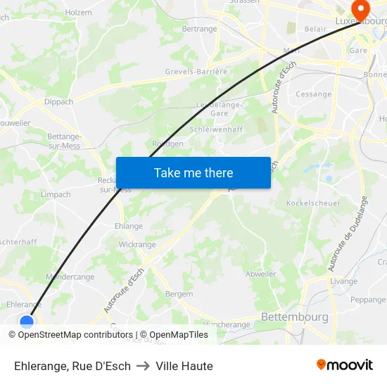Ehlerange, Rue D'Esch to Ville Haute map