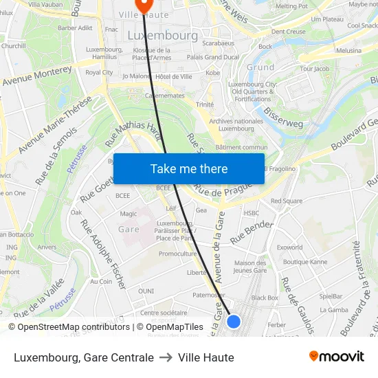 Luxembourg, Gare Centrale to Ville Haute map