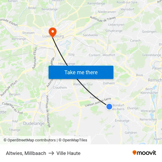 Altwies, Millbaach to Ville Haute map