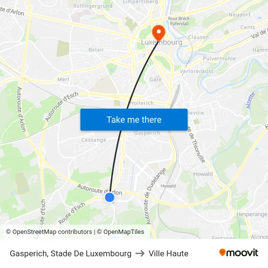 Gasperich, Stade De Luxembourg to Ville Haute map