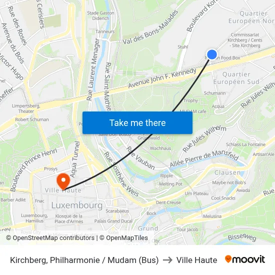 Kirchberg, Philharmonie / Mudam (Bus) to Ville Haute map