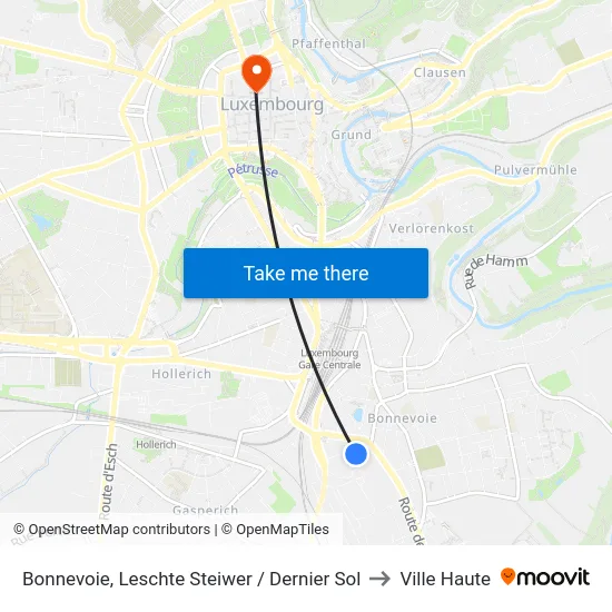 Bonnevoie, Leschte Steiwer / Dernier Sol to Ville Haute map